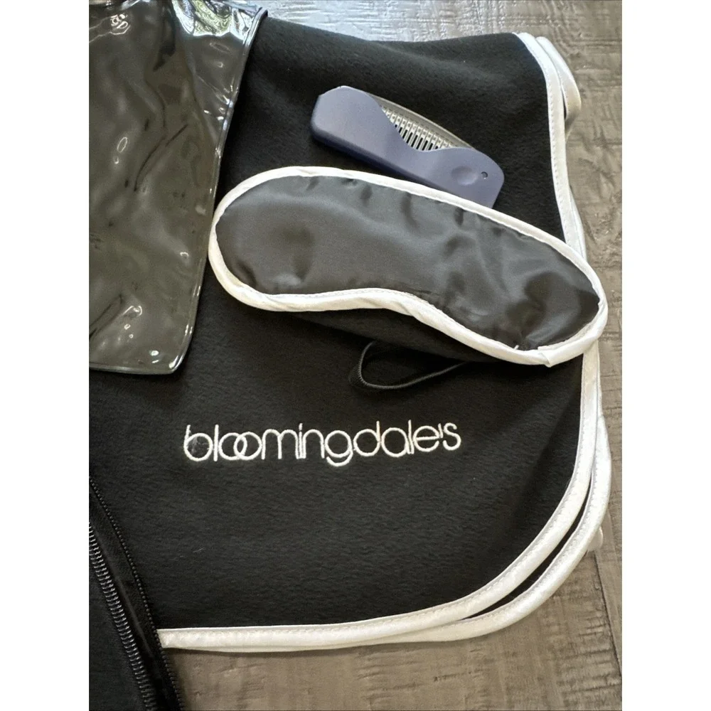 Bloomingdale's black travel or comfort kit Bag,  blanket, sleep mask pillow comb